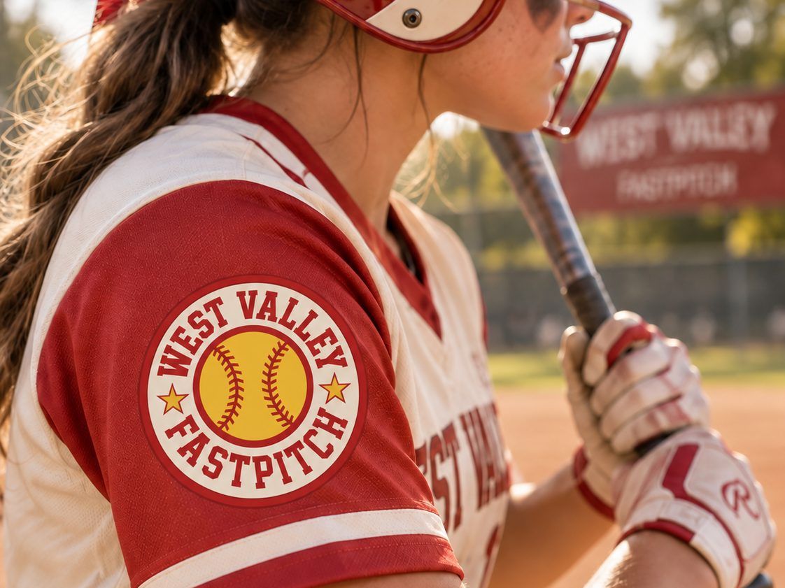 A player's shoulder and sleeve showing the West Valley Fast Pitch patch on a cream-and-red jersey.